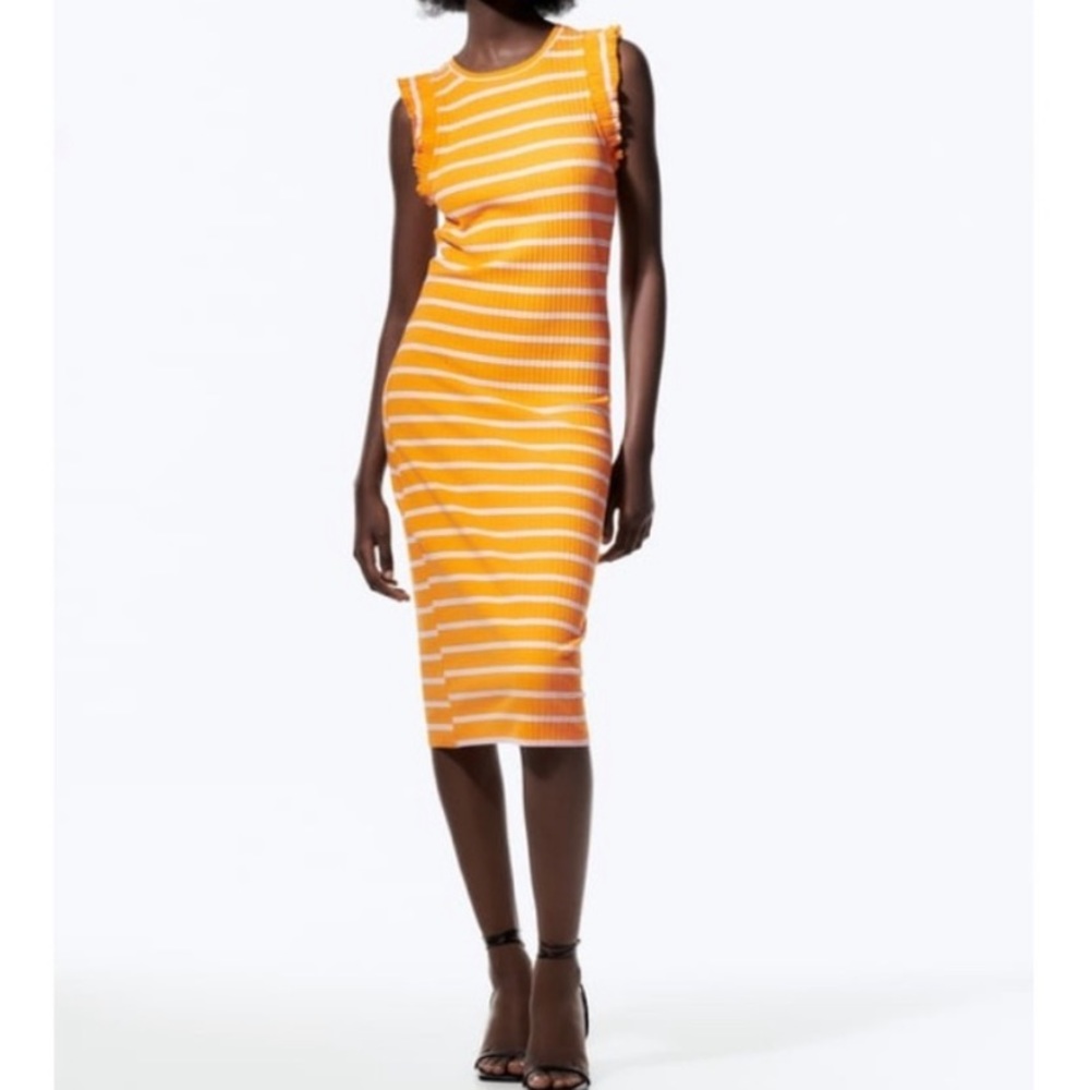 Zara Ribbed Bodycon Midi Dress Orange Striped Ruffle Cap Sleeves